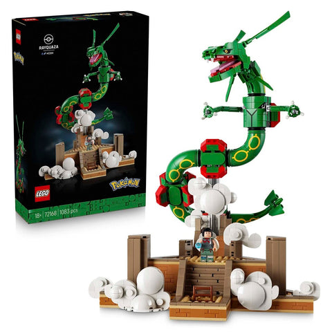 LEGO Pokémon Hotoza Lapidary building set shown with its black retail box and the assembled green dragon structure on a white background. The set includes a green dragon with red and yellow accents, a small figure, and white cloud-like pieces on a brown platform.