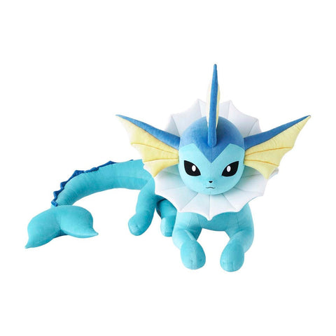 Plush toy of a blue and yellow dragon-like creature on a white background