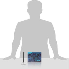 Silhouette of a person next to a box with dimensions indicated