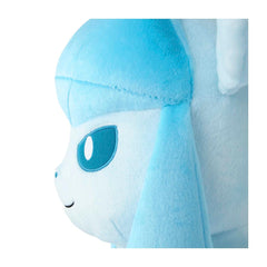 Close-up side view of a plush toy with a light blue and white color scheme, featuring a large blue eye and soft plush texture on a white background.