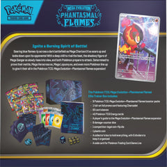 Pokémon Mega Evolution Phantasmal Flames trading card game packaging with cards and accessories.