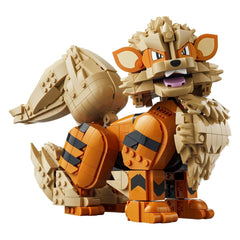 A toy building-block animal figure resembling a stylized fox or chipmunk, constructed from tan and orange pieces with black accents, shown on a plain white background.