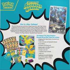 Pokémon Mega Evolution Ascended Heroes trading card game packaging with cards and box on a blue background.