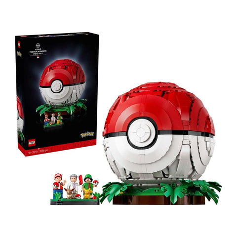 LEGO Pokémon Master Ball building set shown with its retail box, featuring a red and white spherical Pokéball structure on a green leafy base, plus small character minifigures and accessories on a white background.
