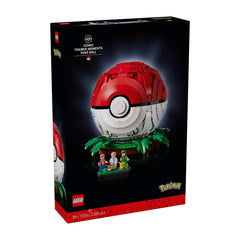 LEGO Pokémon Trading Card Game Trainer Moments Poké Ball building set in its original black retail box, showing the assembled red and white Poké Ball with green leaves and small minifigures on the front.