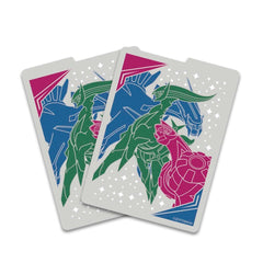 Three playing cards with colorful dragon designs on a white background