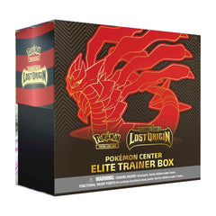 Pokémon Lost Origin Elite Trainer Box packaging with red dragon design on a white background