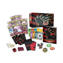 Collection of trading cards, packaging, and accessories with a prominent dragon design on a white background.