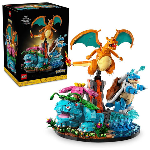 LEGO Pokémon set with Charizard, Dragonite, and other characters in front of its packaging.