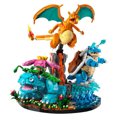 Toy figure set with a dragon, warrior, and creature on a white background