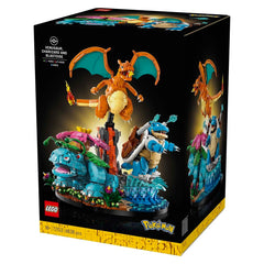 LEGO Pokemon set packaging with Charizard, Latias, and Blastoise figures on a black background.