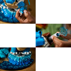 A four-panel collage showing hands assembling a blue and white toy structure, likely a LEGO-style wave or mechanical set, with translucent blue pieces and a beige top section.