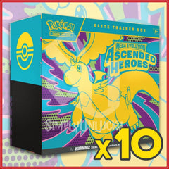 Pokémon Mega Evolution Ascended Heroes Elite Trainer Box on a colorful background