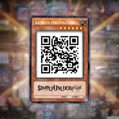 Card with QR code and 'SimplyUnlucky' branding on a colorful background
